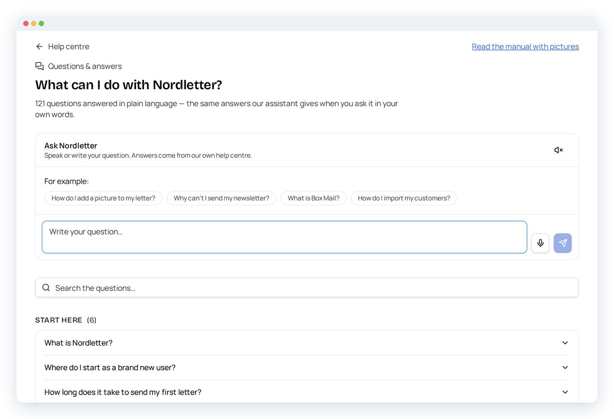 The Nordletter questions and answers page with a search box and topics that open up