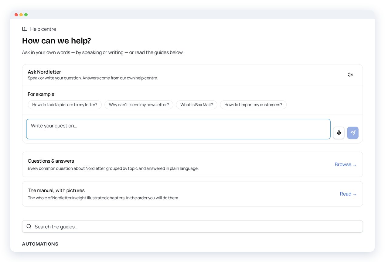 The Nordletter help centre with the Ask Nordletter box, example questions and a microphone button